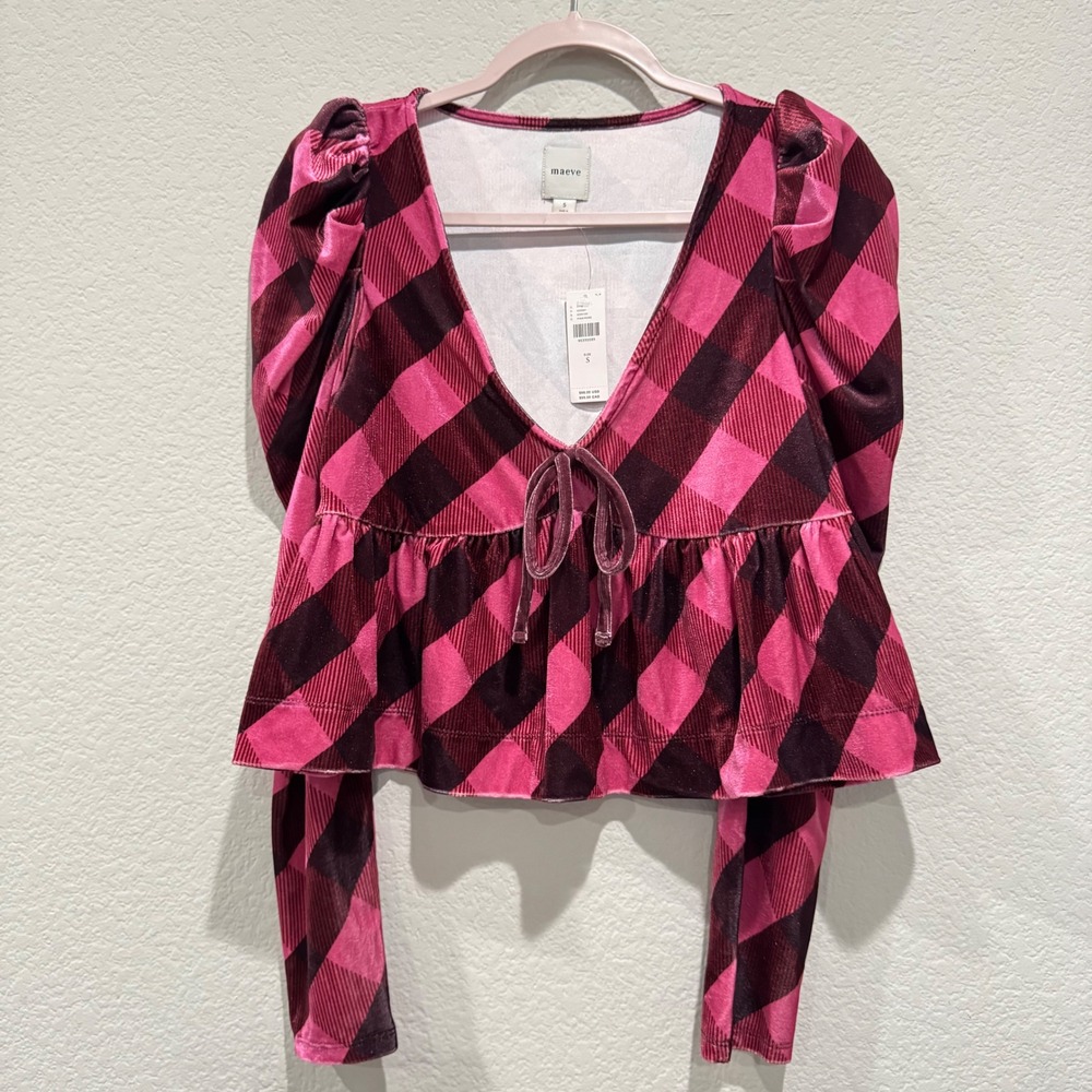 Maeve Anthropologie Velvet Plaid Peplum Top XS S Puff Long Sleeve Fall Burgundy - Picture 3 of 8
